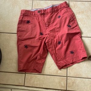 Brooks Brothers cranberry shorts with navy embroidered turtles